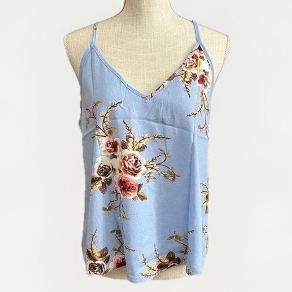 SHEIN Light Blue Floral V-Neck Camisole Adjustable Straps Size L